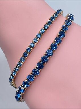 Blue Crystal Gold Tennis Bracelet Set Stackable Glam Sparkly Modern